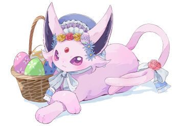 Rule 34 | absurdres, animal focus, basket, blush, bonnet, closed mouth, easter, easter egg, egg, espeon, espeon (botanical easter), flower, forehead jewel, forked tail, gen 2 pokemon, hat, highres, illustrattyako, lying, nintendo, no humans, pokemon, pokemon (creature), purple eyes, ribbon, shadow, smile, solo, tail, tail ornament, tail ribbon