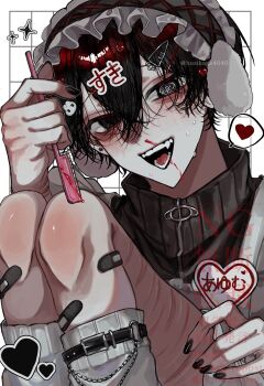 1boy :d @_@ aegyo_sal black_eyes black_hair black_nails blood commentary_request crossed_bangs double-parted_bangs earmuffs eyebrow_razor hair_between_eyes hair_ornament hairclip half-closed_eyes hand_up headdress heart highres holding_razor_blade hosikage4040 knees_up leg_belt looking_at_viewer male_focus nosebleed open_mouth original razor_blade scar scar_on_arm self-harm short_hair smile socks solo spoken_heart thigh_cutting translation_request turtleneck white_socks wrist_cutting