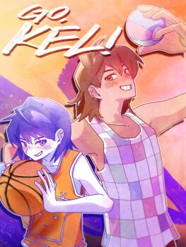 2boys alternate_eye_color arm_up ball basketball_(object) blush brown_eyes brown_hair character_name checkered_clothes collarbone colored_skin cosplay costume_switch dual_persona grin hair_between_eyes highres holding holding_ball kel_(faraway)_(omori) kel_(headspace)_(omori) kel_(omori) looking_at_viewer male_focus multiple_boys omori purple_eyes purple_hair pyoppyop_omori short_hair smile tank_top teeth white_skin