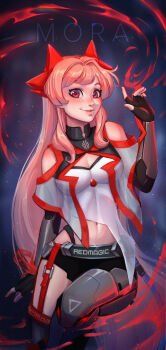 asymmetrical_shirt asymmetrical_shorts bare_shoulders belt black_belt black_gloves breasts buckle character_name chrissabug cleavage cleavage_cutout closed_mouth clothing_cutout copyright_name crop_top cropped_shirt dark_background elbow_gloves eyelashes fingerless_gloves fingernails gloves hair_intakes hair_ornament hand_up lips logo long_hair looking_at_viewer mechanical_legs mora_(redmagic) navel official_art pink_hair red_eyes red_shorts redmagic see-through_clothes see-through_shirt see-through_sleeves shirt short_shorts short_sleeves shorts shoulder_cutout sitting skin_tight smile snap-fit_buckle very_long_hair white_shirt