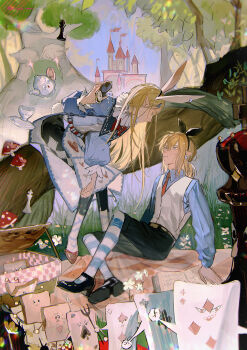 1boy 1girl akihare alice_(alice_in_wonderland) alice_(alice_in_wonderland)_(cosplay) alice's_adventures_in_wonderland animal_ears arm_support artist_name belt black_bow black_footwear black_pants black_shorts blanket blonde_hair blue_dress blue_shirt bow bread bread_slice card castle chess_piece cosplay creature cup day dress earrings extra_ears eye_contact floating floating_object food forest fork grass hair_bow hairband hand_up heart heart_print highres holding in_tree jewelry king_(chess) light_particles link loafers long_hair long_sleeves looking_at_another looking_down mushroom nature nintendo outdoors pants pawn_(chess) picnic picnic_basket pocket_watch pointy_ears poison_mushroom ponytail princess_zelda profile puffy_long_sleeves puffy_sleeves queue rabbit_ears rabbit_girl red_footwear sash saucer shirt shoe_soles shoes short_hair shorts sitting socks striped_clothes striped_thighhighs tabard tea_set teacup teapot the_legend_of_zelda thighhighs tree very_long_hair watch white_rabbit_(alice_in_wonderland) white_rabbit_(alice_in_wonderland)_(cosplay)