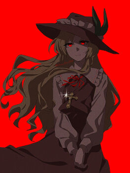 1girl artist_name black_hat black_skirt black_vest blonde_hair closed_mouth cross cross_necklace expressionless floating_hair frilled_shirt_collar frills hat jacket_girl_(dipp) jewelry jun_jun_0319 long_hair long_sleeves looking_at_viewer neck_ribbon necklace red_background red_eyes red_ribbon ribbon shirt simple_background skirt solo touhou twitter_username variant_set very_long_hair vest white_shirt