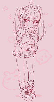 animal_ears bandaid bandaid_on_knee bandaid_on_leg blush camisole closed_mouth commentary frilled_skirt frills hands_up highres jacket jigatei_(omijin) long_hair long_sleeves looking_at_viewer loose_socks monochrome navel off_shoulder one_ear_down open_clothes open_jacket original pink_background puffy_long_sleeves puffy_sleeves rabbit_ears shoes simple_background skirt sleeves_past_wrists socks solo standing tears twintails untranslatable_commentary v wavy_mouth