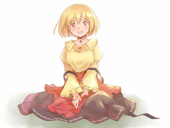 1girl :d aki_minoriko apron black_ribbon black_skirt blonde_hair breasts collared_shirt commentary_request light_blush long_sleeves looking_at_viewer medium_breasts neck_ribbon one-hour_drawing_challenge open_mouth rangycrow red_apron red_eyes ribbon shirt short_hair sitting skirt smile solo touhou white_background yellow_shirt