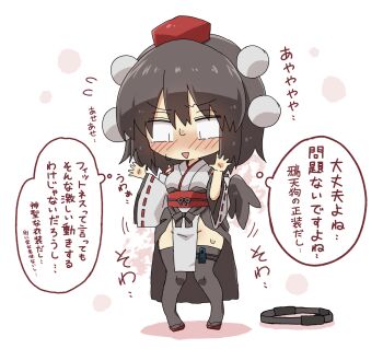 Rule 34 | 1girl, absurdres, ayaya~, bird wings, black thighhighs, blush, brown hair, chibi, chibi only, commentary request, controller, detached sleeves, embarrassed, full body, game controller, groin, hat, highres, japanese clothes, joy-con, kimono, kourindou tengu costume, nintendo switch, no panties, obi, obijime, official alternate costume, open mouth, pelvic curtain, pom pom (clothes), red hat, red sash, ribbon-trimmed sleeves, ribbon trim, ring-con, sash, shameimaru aya, smile, solo, speech bubble, sweat, thighhighs, thought bubble, totoharu (kujirai minato), touhou, translation request, white kimono, wide sleeves, wings