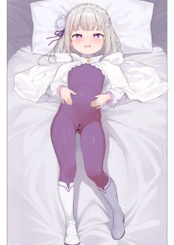 1girl absurdres aged_down bad_tag bar_censor bed blush bodysuit boots cameltoe censored dallei emilia_(re:zero) female_focus flat_chest full_body grey_hair hair_ornament hairband highres hood legs loli long_hair lying on_back on_bed pillow pointy_ears pregnant pregnant_loli purple_eyes re:zero_kara_hajimeru_isekai_seikatsu solo thighs x_hair_ornament