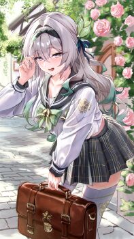 1girl absurdres bag black_sailor_collar black_skirt blush bocchi_(kuropom7) bow breasts cobblestone collarbone commentary_request crossed_bangs day firefly_(honkai:_star_rail) firefly_(spring_missive)_(honkai:_star_rail) flower green_neckerchief grey_eyes grey_hair hair_between_eyes hair_bow hair_ornament highres honkai:_star_rail honkai_(series) large_breasts leaf long_hair long_sleeves looking_at_viewer neckerchief open_mouth outdoors pleated_skirt rose sailor_collar school_bag school_uniform shirt skirt smile solo standing thighhighs white_shirt white_thighhighs