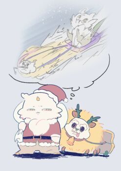 1other animal_costume anoko_(chiikawa) chibikemo chiikawa christmas commentary_request creature dekatsuyo_(chiikawa) furry grey_background hat highres holding holding_sack horns imagining looking_at_another nagasode_(nagasode0123) reindeer_costume sack santa_costume santa_hat simple_background single_horn sled sledding sleigh speech_bubble thought_bubble