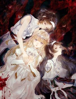 3girls black_hair blonde_hair blood blood_stain blue_eyes character_request commentary dress expressionless guest_art hairband highres holding_hands long_hair looking_at_another looking_at_viewer multiple_girls overlord_(maruyama) parted_lips red_eyes shirone_(coxo_ii) short_hair