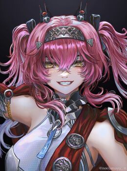 1girl armlet bare_shoulders black_background black_bow bow breasts collar commentary english_commentary grin hair_between_eyes hair_bow hairband headgear highres izzycrownart jewelry large_breasts looking_at_viewer lupa_(wuthering_waves) metal_collar metal_hairband multiple_hair_bows pink_hair red_pupils simple_background smile solo twintails upper_body wuthering_waves yellow_eyes