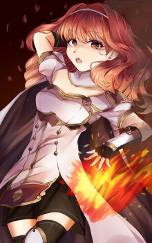 1girl absurdres armor black_skirt black_thighhighs breastplate cape celica_(fire_emblem) dress fingerless_gloves fire fire_emblem fire_emblem_echoes:_shadows_of_valentia gloves highres long_hair magic nintendo open_mouth orange_eyes orange_hair princess red_eyes red_hair skirt solo tapume thighhighs tiara white_armor white_dress
