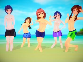 3d 5girls arms_behind_back artist_request beach black_male_swimwear black_swim_trunks blue_hair blue_male_swimwear blue_sky blue_swim_trunks blurry blurry_background blush breasts brown_eyes brown_hair character_request cloud cloudy_sky copyright_request day feet female_focus flat_chest green_male_swimwear green_swim_trunks highres jewelry long_hair looking_at_viewer male_swimwear male_swimwear_challenge male_swimwear_writing medium_hair multiple_girls necklace nipples ocean orange_eyes orange_hair outdoors print_male_swimwear print_swim_trunks purple_eyes purple_hair purple_male_swimwear purple_swim_trunks sand short_hair sky small_breasts source_request standing swim_trunks swim_trunks_writing swimsuit tagme topless_female v water