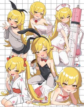 1girl :d absurdres alternate_costume animal_ear_hairband animal_ears arm_rest armpit_crease armpits backless_dress backless_leotard backless_outfit bandages bare_arms bare_legs bare_shoulders barefoot black_bow black_collar black_hairband black_leotard black_shoes black_skirt black_thighhighs blonde_hair blush blush_stickers bow bow_hairband bowtie buttons closed_mouth collar collarbone commentary_request covering_own_mouth detached_collar donut double-breasted dress fake_animal_ears fang fang_out fangs flat_chest flipped_hair floral_print flower food frilled_collar frilled_gloves frills furrowed_brow garter_straps gloves grey_pantyhose grey_sweater grid_background hair_flaps hairband hand_over_own_mouth hat head_rest high_heels highres holding holding_donut holding_food holding_syringe intravenous_drip japanese_clothes kimono kneeling large_syringe legs_apart leotard long_hair looking_at_viewer lying miniskirt monogatari_(series) multiple_views nurse nurse_cap obi obijime off-shoulder_sweater off_shoulder on_side open_mouth oshino_shinobu oversized_breast_cup oversized_object pantyhose parted_bangs pill playboy_bunny pleated_skirt pointy_ears rabbit_ear_hairband rabbit_ears red_bow red_bowtie red_flower red_ribbon red_rose red_sash ribbon rose sash shiny_skin shoes short_sleeves sidelocks sideways_glance single_off_shoulder sitting skin_fang skirt smile squatting strapless strapless_leotard sweater swept_bangs syringe thighhighs tongue tongue_out twintails vampire very_long_hair white_background white_collar white_dress white_gloves white_thighhighs white_wrist_cuffs wide_sleeves wrist_cuffs yellow_eyes yoshikirino yukata