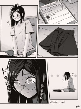 1boy @_@ artist_name artist_self-insert between_legs cellphone closed_mouth comic commentary crossdressing crossdressing_(mtf) english_text feminine gender_transitioning glasses greyscale hand_between_legs heartbeat highres indian_style indoors medium_hair monochrome niio_(niiochi) niio_(niiochi)_(person) original phone shirt short_sleeves shorts signature silent_comic sitting skirt smartphone sweat symbol-only_commentary t-shirt unworn_skirt wavy_mouth