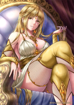 1girl armchair armrest artist_name bad_id bad_pixiv_id bare_shoulders between_breasts blonde_hair breasts bridal_gauntlets chair circlet commentary_request crossed_legs earrings female_focus gem holding holding_own_hair indoors jewelry large_breasts lioreo long_hair looking_at_viewer necklace on_chair original parted_lips sitting solo thighhighs very_long_hair yellow_eyes yellow_thighhighs
