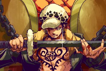 Rule 34 | 1boy, black hair, blood, blood on chest, blood on face, chest tattoo, commentary request, glint, hat, highres, holding, holding sword, holding weapon, looking at viewer, male focus, one piece, short hair, solo, sword, tattoo, trafalgar law, weapon, yellow eyes, yuan jessie0430