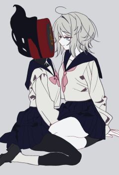 2girls ahoge black_skin black_socks blue_sailor_collar blue_skirt bow bowtie clock colored_skin dante_(limbus_company) faust_(project_moon) fire flaming_head genderswap genderswap_(otf) highres limbus_company long_sleeves multiple_girls neckerchief object_head pink_bow pink_bowtie pink_neckerchief pleated_skirt project_moon rodionlotte sailor_collar shirt short_hair simple_background sitting skirt socks wariza white_background white_hair white_shirt white_socks yuri