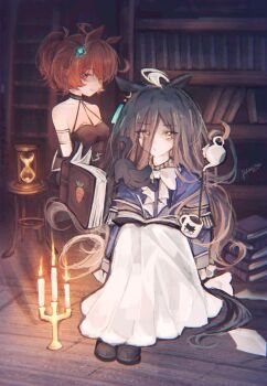 2girls agnes_tachyon_(umamusume) ahoge alternate_costume alternate_hair_length alternate_hairstyle animal animal_ears animal_on_shoulder ascot bare_shoulders black_dress black_hair black_shoes book bow breasts brown_hair cat cat_on_shoulder coffee_mug cosplay cup doktahzaki dress eyes_visible_through_hair hair_over_one_eye highres holding holding_book holding_coffee_pot holding_cup holding_with_hair horse_ears horse_girl horse_tail long_hair manhattan_cafe_(umamusume) medium_breasts mug multiple_girls ponytail red_eyes sense_(sousou_no_frieren) sense_(sousou_no_frieren)_(cosplay) shoes sitting skirt sleeveless sleeveless_dress sousou_no_frieren tail ubel_(sousou_no_frieren) ubel_(sousou_no_frieren)_(cosplay) umamusume very_long_hair white_ascot white_bow white_skirt yellow_eyes