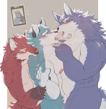 3boys abs anger_vein animal_ears argo_northrop_(knights_college) bara blush character_request claws commentary_request completely_nude diederich_olsen_(knight's_college) english_text french_kiss from_side furry furry_male group_sex highres iwano_kal kiss knights_college looking_at_another male_focus multiple_boys muscular muscular_male nipples nude open_mouth pectorals profile sweat tail threesome tongue tongue_out wolf_boy wolf_ears wolf_tail yaoi