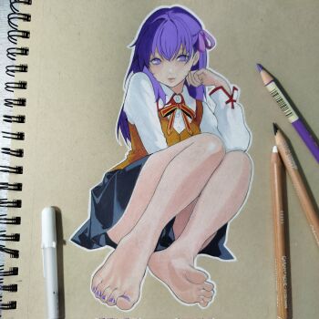 1girl ashwin_artss bare_legs barefoot black_skirt fate/stay_night fate_(series) feet foot_focus foreshortening full_body gold_trim hair_ribbon hand_up highres knees_up long_hair long_sleeves looking_at_viewer matou_sakura miniskirt nail_polish no_pupils outline photo_(medium) purple_eyes purple_hair purple_nails purple_ribbon ribbon school_uniform skirt soles solo toenail_polish toenails toes traditional_media white_outline