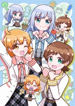 ! 3girls ? ahoge apple aqua_eyes beamed_eighth_notes belt black_shoes blue_bow blue_bowtie blue_eyes blue_hair blue_trim blunt_bangs blush_stickers bow bowtie brown_belt brown_hair buttons cat chibi chibi_inset closed_eyes closed_mouth double-breasted earrings eighth_note eyelashes flipped_hair flower flower_earrings food fruit highres holding holding_magnifying_glass idolmaster idolmaster_million_live! idolmaster_million_live!_theater_days jewelry kinoshita_hinata lab_coat long_hair long_sleeves looking_at_viewer low-tied_long_hair magnifying_glass maharagi_375p multiple_girls music musical_note one_eye_closed open_mouth orange_eyes orange_hair pantyhose pink_bow pink_bowtie pink_trim plaid_clothes plaid_skirt plant potted_plant shiraishi_tsumugi shoes short_hair singing skirt smile sun swept_bangs teeth u_u upper_teeth_only yabuki_kana yellow_bow yellow_bowtie yellow_trim