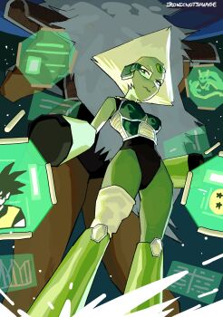 2girls absurdres alternate_costume alternate_eyewear armor back-to-back black_leotard boots breastplate breasts colored_skin crossover dragon_ball dragon_ball_(object) dragonball_z feet_out_of_frame forehead_jewel from_below frown full_body gem gem_(steven_universe) green_armor green_boots green_gem green_skin highres ironicnotsavage jasper_(steven_universe) leotard long_hair looking_at_viewer mechanical_arms monitor multiple_girls muscular muscular_female orange_skin pauldrons peridot_(steven_universe) pursed_lips saiyan_armor scouter shenron_(dragon_ball) shoulder_armor solo_focus son_goku standing star_(sky) steven_universe triangle-shaped_hair white_hair