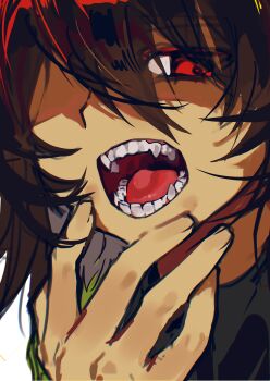0916psy 1other absurdres androgynous brown_hair commentary_request deltarune hand_on_own_chin highres kris_(deltarune) looking_at_viewer open_mouth other_focus red_eyes sharp_teeth shirt_under_sweater short_hair simple_background solo striped_clothes striped_sweater striped_sweater_vest sweater teeth tongue utdr_(toby_fox) white_background