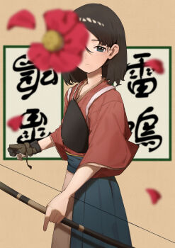 Rule 34 | 1girl, absurdres, archery, blue eyes, blue hakama, blurry, blurry foreground, bow (weapon), brown background, calligraphy, closed mouth, commentary, commentary request, cowboy shot, english commentary, expressionless, falling petals, flower, flower over eye, flower request, from side, gloves, hair behind ear, hakama, half-closed eyes, highres, holding, holding bow (weapon), holding weapon, japanese clothes, kimono, kyuudou, looking at viewer, looking to the side, manimani (vocaloid), medium hair, mixed-language commentary, muneate, namae kunn, one eye covered, partially fingerless gloves, partly fingerless gloves, petals, red flower, red kimono, solo, tasuki, translation request, weapon, yugake, yumi (bow)