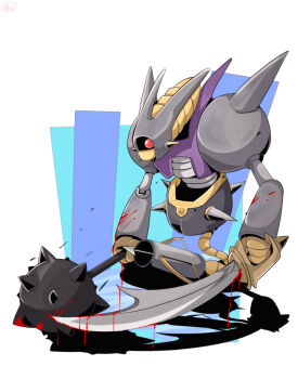 Rule 34 | blood, bloody weapon, dragon quest, dragon quest vi, harpoon, harpoon gun, highres, holding, holding sword, holding weapon, mace, mochi curry, no humans, robot, solo, spiked mace, spikes, sword, weapon