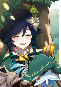 1boy absurdres androgynous black_hair braid cape cecilia_flower_(genshin_impact) closed_eyes flower genshin_impact gradient_hair green_hair hair_flower hair_ornament highres lkari_shi male_focus multicolored_hair open_mouth short_hair_with_long_locks sitting smile solo tree twin_braids under_tree upper_body venti_(genshin_impact) white_flower