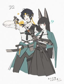 !? 1boy 1girl absurdres ahoge animal_ear_fluff animal_ears aqua_jacket arm_out_of_sleeve asaba_harumasa bingzhen_h2o black_hair black_necktie blunt_bangs closed_mouth clothes_around_waist commentary_request cowboy_shot cropped_legs earrings fang fox_ears fox_girl gauntlets gloves grey_background headband high-waist_skirt highres holding holding_sword holding_weapon hoshimi_miyabi jacket jewelry katana long_hair long_skirt necktie open_mouth parted_bangs partially_fingerless_gloves red_eyes shirt short_hair simple_background single_gauntlet skin_fang skirt star_(symbol) sword translation_request weapon white_shirt yellow_eyes yellow_gloves yellow_headband zenless_zone_zero