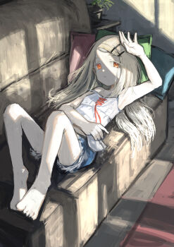 Rule 34 | 1girl, absurdres, arm up, armpits, barefoot, blonde hair, blue shorts, breasts, camisole, colored eyelashes, commentary request, couch, denim, denim shorts, full body, gakuen idolmaster, hair ornament, hair spread out, hairclip, highres, idolmaster, indoors, k6tetsu, knees up, long hair, looking to the side, lying, midriff peek, on back, on couch, orange eyes, parallel hairclips, parted lips, pillow, plant, potted plant, red ribbon, ribbon, shinosawa hiro, shorts, small breasts, solo, strap slip, white camisole, window light