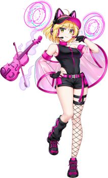 1girl alternate_costume animal_ear_headphones animal_ears asymmetrical_legwear belt black_gloves black_leg_warmers black_shirt black_shoes black_shorts black_visor_cap bow_(music) breasts cat_ear_headphones cat_ears detached_sleeves fake_animal_ears fingerless_gloves fishnet_thighhighs fishnets game_asset gloves hand_on_own_hip headphones headset highres instrument leg_up leg_warmers lunasa_prismriver lunasa_prismriver_(eldest_memory_leaker_sister) medium_breasts mismatched_legwear official_art pink_belt rotte_(1109) see-through_clothes see-through_sleeves shirt shoes shorts simple_background sneakers solo thighhighs third-party_source touhou touhou_lostword transparent_background uneven_legwear violin visor_cap zipper_pull_tab
