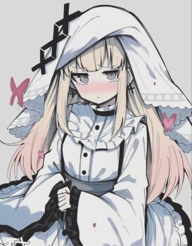 Rule 34 | 1girl, blonde hair, blush, buttons, closed mouth, commentary request, cross, cross earrings, dress, earrings, embarrassed, frilled dress, frilled sleeves, frills, grey background, grey eyes, grey sash, headscarf, highres, hikami meruru, jewelry, latin cross, long hair, long sleeves, looking at viewer, mahou shoujo no majo saiban, makigirisu, nose blush, own hands together, sash, simple background, solo, tearing up, white dress, wide sleeves