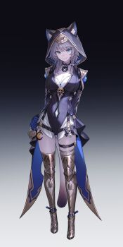 1girl absurdres animal_ears animal_hood arms_behind_back bell belt blue_eyes boots bow braid breasts cat_ears cat_girl cat_tail choker cipher_(honkai:_star_rail) cleavage coin crescent crescent_hair_ornament full_body gradient_background grey_hair hair_ornament hashtag-only_commentary highres honkai:_star_rail honkai_(series) hood large_breasts leotard pouch shirt tail thigh_boots thigh_strap yohaku