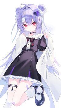 1girl absurdres bandaged_head bandages bandaid bandaid_on_leg black_bow black_dress black_shoes bow coat collar commentary double_bun dress frilled_dress frills hair_bun hair_ornament heart heart_hair_ornament highres long_hair looking_at_viewer original purple_hair red_eyes shoes simple_background socks solo symbol-only_commentary terano_naa white_background white_coat white_socks