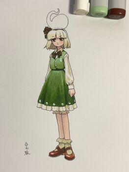 1girl :/ art_tools_in_frame bloomers bow bowtie brown_bow brown_bowtie closed_mouth collared_shirt commentary_request frilled_skirt frills full_body green_skirt green_vest grey_hair hairband highres hitodama hitodama_print konpaku_youmu konpaku_youmu_(ghost) long_sleeves mary_janes on_head red_eyes red_shoes shiratama_(hockey) shirt shoes skirt skirt_set socks solo touhou traditional_media underwear vest white_bloomers white_shirt white_socks