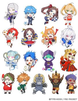 6+girls ahoge animal_ear_fluff animal_ears animal_on_arm anklet arm_up arms_behind_back bag ball bandaged_arm bandages barefoot bead_anklet bead_bracelet beads bird bird_on_arm black_bag black_dress black_eyes black_gloves black_sclera black_shirt blonde_hair blue_bird blue_eyes blue_gemstone blue_hair blue_jacket blue_necktie blue_pants blue_pantyhose blue_shorts blue_tail boots bottle boudica_(fate) bow bowtie bracelet braid braided_ponytail breasts brown_footwear brown_hair caligula_(fate) card chalice checkered_clothes checkered_shirt chibi closed_mouth coat coif colored_sclera colored_skin commentary copyright_notice crown crown_braid cu_chulainn_(fate) cup curled_horns disposable_cup dog dress earrings elbow_gloves fate/dream_striker fate/grand_order fate_(series) feathers fingerless_gloves flag floating_earrings fox_ears fox_girl fox_tail frilled_skirt frills full_body gaius_julius_caesar_(fate) gem gloves goggles goggles_on_head gold_earrings gold_necklace green_eyes green_hair green_shirt green_shorts grey_shirt grey_shorts grey_skin grin hair_between_eyes hair_intakes hair_over_one_eye hair_ribbon hand_on_own_hip hand_up hands_up hans_christian_andersen_(fate) head_chain high_heels holding holding_ball holding_bottle holding_card holding_cup holding_flag holding_whistle hood hood_up hooded_coat horns jacket jewelry kneehighs kneeling lady_avalon_(fate) large_breasts larva_tiamat_(fate) larva_tiamat_(first_ascension)_(fate) laurel_crown leonardo_da_vinci_(fate) leonardo_da_vinci_(fate/grand_order) leonardo_da_vinci_(rider)_(fate) leonardo_da_vinci_(swimsuit_ruler)_(fate) locusta_(fate) locusta_(first_ascension)_(fate) long_horns looking_afar looking_at_viewer medium_hair merlin_(fate/prototype) midriff multiple_girls mushroom navel necklace necktie nero_claudius_(fate) nero_claudius_(swimsuit_caster)_(fate) official_art one_eye_closed one_eye_covered oniku_(oishii_oniku) open_mouth orange_hair pants pantyhose parted_bangs pink_eyes pleated_skirt pointing pointing_at_viewer pointy_ears pom_pom_(cheerleading) ponytail purple_coat purple_eyes purple_hair purple_shorts queen_draco_(fate) queen_draco_(first_ascension)_(fate) red_bow red_bowtie red_card red_dress red_eyes red_footwear red_gloves red_hair red_ribbon red_scrunchie red_shirt red_shorts red_skirt red_socks red_tail ribbon robin_hood_(fate) romulus_(fate) scrunchie sessyoin_kiara setanta_(fate) sharp_teeth shirt shoes short_ponytail short_shorts short_sleeves shorts shoulder_bag side_slit sidelocks simple_background skirt sleeveless sleeveless_shirt smile soccer_ball socks sparkle spartacus_(fate) standing striped_clothes striped_jacket striped_pants striped_shirt suzuka_gozen_(fate) symbol-shaped_pupils tail teeth thigh_boots thighhighs tiamat_(fate) twintails two-tone_shirt veil vertical-striped_clothes vertical-striped_jacket vertical-striped_pants watch water_bottle whistle white_background white_feathers white_footwear white_hair white_jacket white_pants white_shirt white_shorts white_skirt white_thighhighs white_veil wrist_scrunchie wristwatch x-shaped_pupils yellow_eyes yellow_shirt yellow_shorts yellow_socks