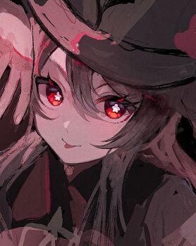 1girl :p bright_pupils brown_hair brown_hat closed_mouth commentary_request double-parted_bangs flower-shaped_pupils genshin_impact hair_between_eyes hand_on_own_head hat higashimotinazu highres hu_tao_(genshin_impact) long_hair looking_at_viewer portrait red_eyes solo symbol-shaped_pupils tongue tongue_out white_pupils