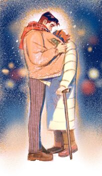 2boys arcane:_league_of_legends arcane_jayce boots brown_boots brown_hair brown_jacket brown_shoes cane coat hashtag-only_commentary highres holding holding_cane jacket jayce_(league_of_legends) league_of_legends looking_at_another looking_down male_focus multiple_boys nnnnnnn05295992 outdoors pants parted_hair pinstripe_pants pinstripe_pattern plaid_clothes plaid_scarf red_scarf scarf shoes short_hair viktor_(arcane) viktor_(league_of_legends) white_coat winter_clothes