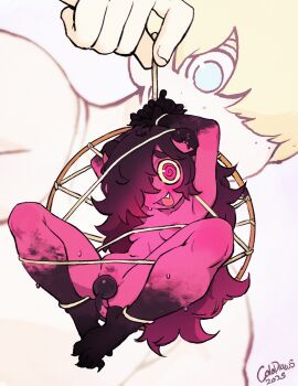 1boy 1girl @_@ absurdres arms_up bdsm black_skin blonde_hair blue_eyes bondage bound breasts colo_(nagrolaz) colored_skin completely_nude covering_privates demon_girl dreamcatcher fang full_body gradient_skin hair_over_one_eye highres horns nude original paralysis_demon_(colo_(nagrolaz)) purple_eyes purple_skin tail tail_censor tied_up_(nonsexual)