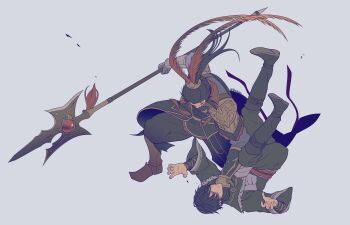 2boys absurdres armor armored_boots battle black_boots black_gloves black_hair boots chinese_armor chinese_clothes clenched_teeth closed_eyes feather_hair_ornament feathers full_body gloves grey_background hair_between_eyes hair_ornament hand_on_another&#039;s_neck highres holding holding_polearm holding_weapon igusaharu long_hair lu_bu_(shin_sangoku_musou) male_focus multiple_boys polearm ponytail shin_sangoku_musou shin_sangoku_musou_origins short_hair shoulder_armor sidelocks strangling teeth twintails vambraces weapon ziluan_(shin_sangoku_musou)