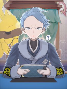 Rule 34 | 1girl, ?, abra, blue hair, blue kimono, book, bright pupils, chair, closed eyes, closed mouth, commentary request, curtains, cyllene (pokemon), floating, galaxy expedition team survey corps uniform, gen 1 pokemon, gen 3 pokemon, grey eyes, holding, holding book, holding pokedex, indoors, japanese clothes, kimono, lips, long sleeves, nintendo, no eyebrows, nostrils, outline, pokedex, pokemon, pokemon (creature), pokemon legends: arceus, runachikku, short hair, sitting, speech bubble, spoken question mark, straight-on, upper body, white outline, white pupils, window, wurmple