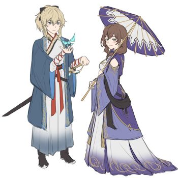 2girls alternate_costume arm_ribbon bare_shoulders belt black_belt black_boots black_bow blonde_hair blue_butterfly blue_eyes blue_robe blush boots bow breasts brown_hair bug butterfly butterfly_earrings chinese_clothes closed_mouth clothing_cutout commentary cross cross_earrings crystalfly_(genshin_impact) earrings english_commentary from_side full_body genshin_impact green_eyes hair_between_eyes hair_bow hair_ribbon hands_up hanfu high_ponytail highres holding holding_sword holding_umbrella holding_weapon insect jean_(genshin_impact) jewelry lisa_(genshin_impact) long_hair looking_at_viewer low_ponytail medium_breasts medium_hair multiple_girls oil-paper_umbrella open_clothes open_robe ponytail purple_hanfu purple_ribbon red_ribbon ribbon robe shoulder_cutout sidelocks simple_background smile standing sword teeth umbrella weapon white_background white_hanfu yurenn