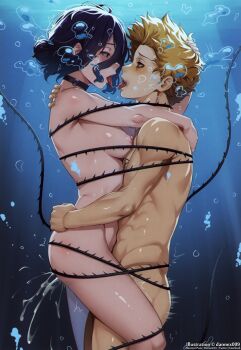 1boy 1girl after_kiss air_bubble artist_name black_choker black_hair blonde_hair blush breasts bubble chainsaw_man choker commentary completely_nude cum dannex009 denji_(chainsaw_man) ejaculation english_commentary eye_contact from_side hetero looking_at_another medium_breasts nude open_mouth reze_(chainsaw_man) saliva saliva_trail short_hair story_in_commentary thighs tongue underwater variant_set watermark