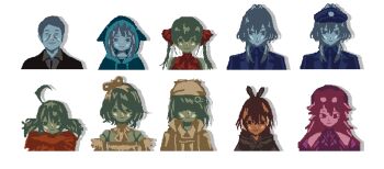 1boy 6+girls :3 ahoge animal_hood blue_hat cecilia_immergreen cecilia_immergreen_(1st_costume) commentary cropped_torso drawstring emico_otero english_commentary gawr_gura gawr_gura_(1st_costume) gigi_murin gigi_murin_(1st_costume) hat highres hololive hololive_english hood hood_up huge_ahoge looking_at_viewer multiple_girls muted_color nanashi_mumei nanashi_mumei_(1st_costume) ouro_kronii ouro_kronii_(4th_costume) papers_please parody pixel_art raora_panthera_(1st_costume) shaded_face shark_hood short_hair simple_background smile straight-on style_parody twintails virtual_youtuber watson_amelia watson_amelia_(1st_costume) white_background winding_key yagoo