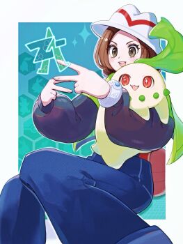 1girl blush breasts brown_eyes brown_hair chikorita gen_2_pokemon gen_5_pokemon green_jacket harmony_(pokemon) harumomo_(@harumomo123456) hat highres holding holding_pokedex jacket leaf long_sleeves looking_at_viewer nintendo open_clothes open_jacket open_mouth pants pokedex pokemon pokemon_(creature) pokemon_legends:_z-a red_eyes shirt short_hair smile star_(symbol) star_in_eye striped_hat symbol_in_eye teeth tepig totodile upper_teeth_only white_hat