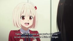 3girls animated black_hair blonde_hair defeat inoue_takina lycoris_recoil multiple_girls nishikigi_chisato rock_paper_scissors skirt smile sound tagme video