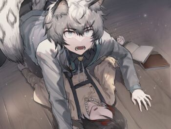 Rule 34 | aged down, animal ears, annoyed, arknights, blue eyes, book, chern0, commentary request, fangs, floor, from above, gnosis (arknights), gnosis (young) (arknights), highres, looking at viewer, looking up, lying, multicolored hair, no eyes, on back, open mouth, overalls, red streaks, shirt, silverash (arknights), silverash (young) (arknights), snow leopard boy, snow leopard ears, snow leopard tail, streaked hair, tail, upper body, white hair, yellow shirt