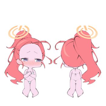 1girl absurdres ass bikini blue_archive blush chibi embarrassed flat_chest full_body highres loli micro_bikini multiple_views navel ponytail red_hair shy solo standing stomach swimsuit yu1_na12 yuzu_(blue_archive)